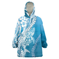 Hawaii Puakenikeni And Maile Lei Wearable Blanket Hoodie Blue Polynesian Shark Tattoo DT05