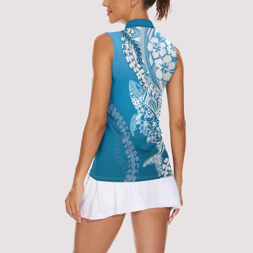 Hawaii Puakenikeni And Maile Lei Women Sleeveless Polo Shirt Blue Polynesian Shark Tattoo DT05