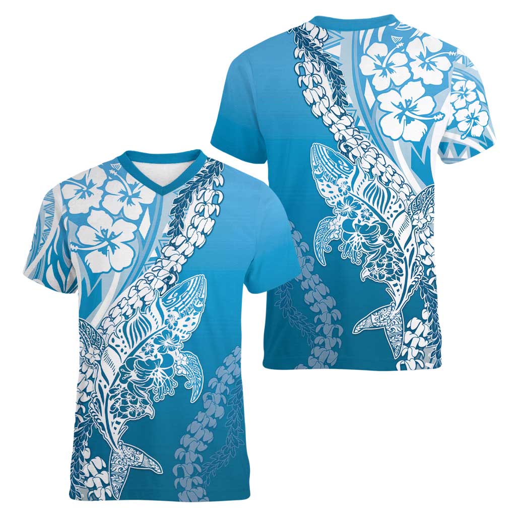 Hawaii Puakenikeni And Maile Lei Women V-Neck T-Shirt Blue Polynesian Shark Tattoo DT05
