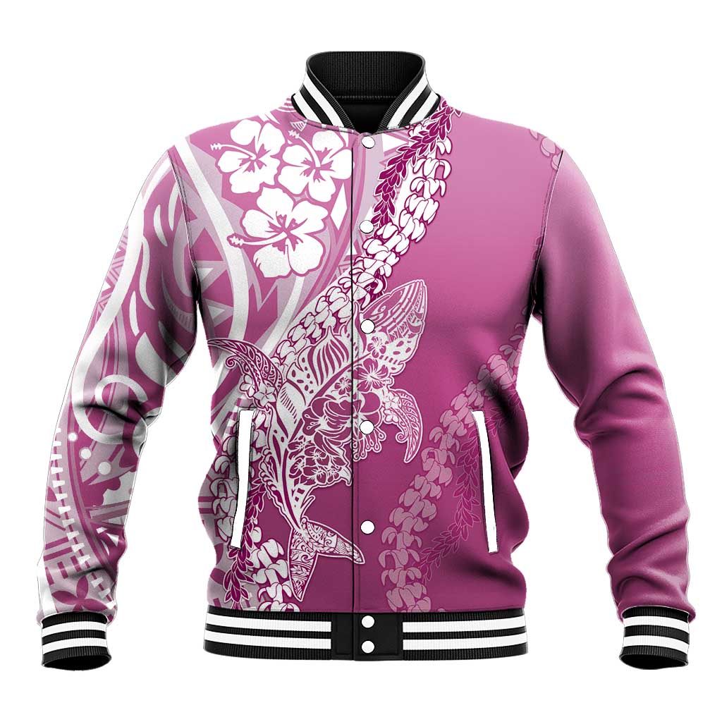 Hawaii Puakenikeni And Maile Lei Baseball Jacket Pink Polynesian Shark Tattoo DT05