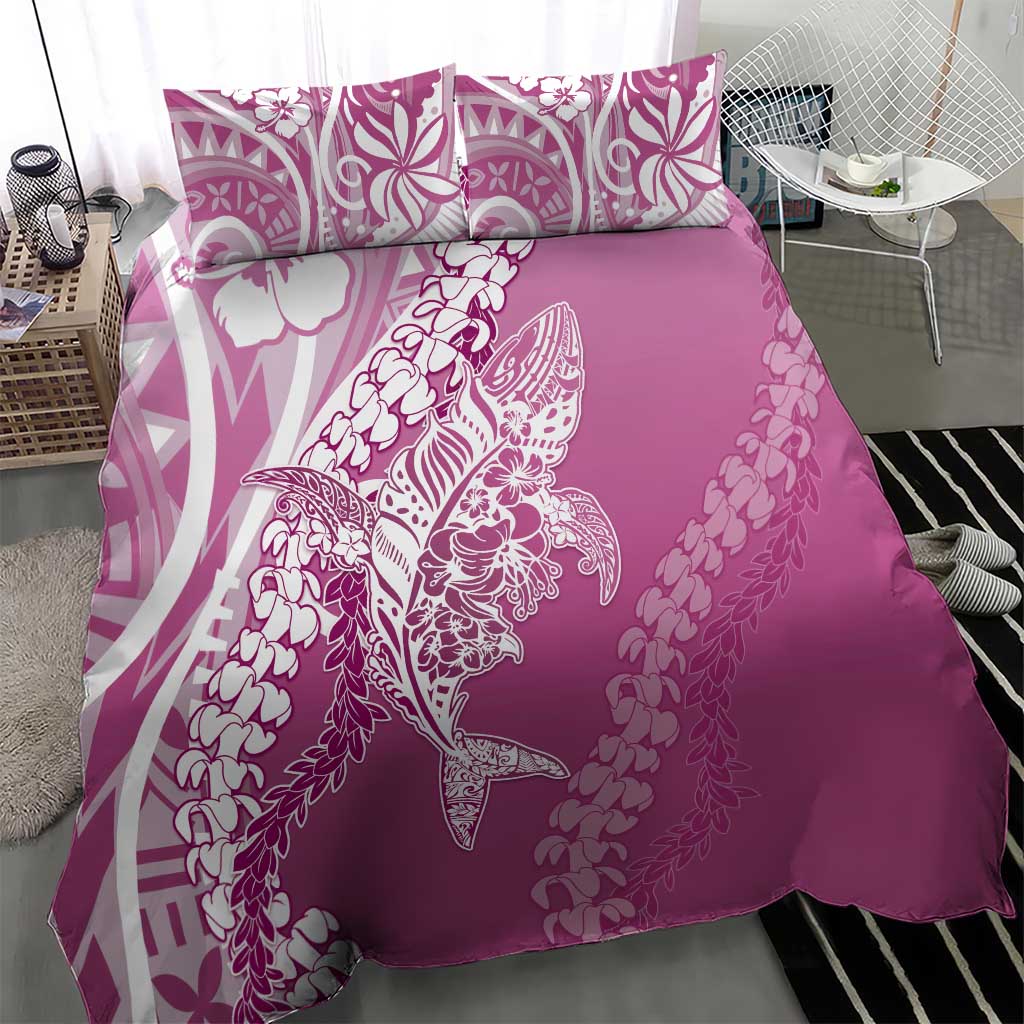 Hawaii Puakenikeni And Maile Lei Bedding Set Pink Polynesian Shark Tattoo DT05