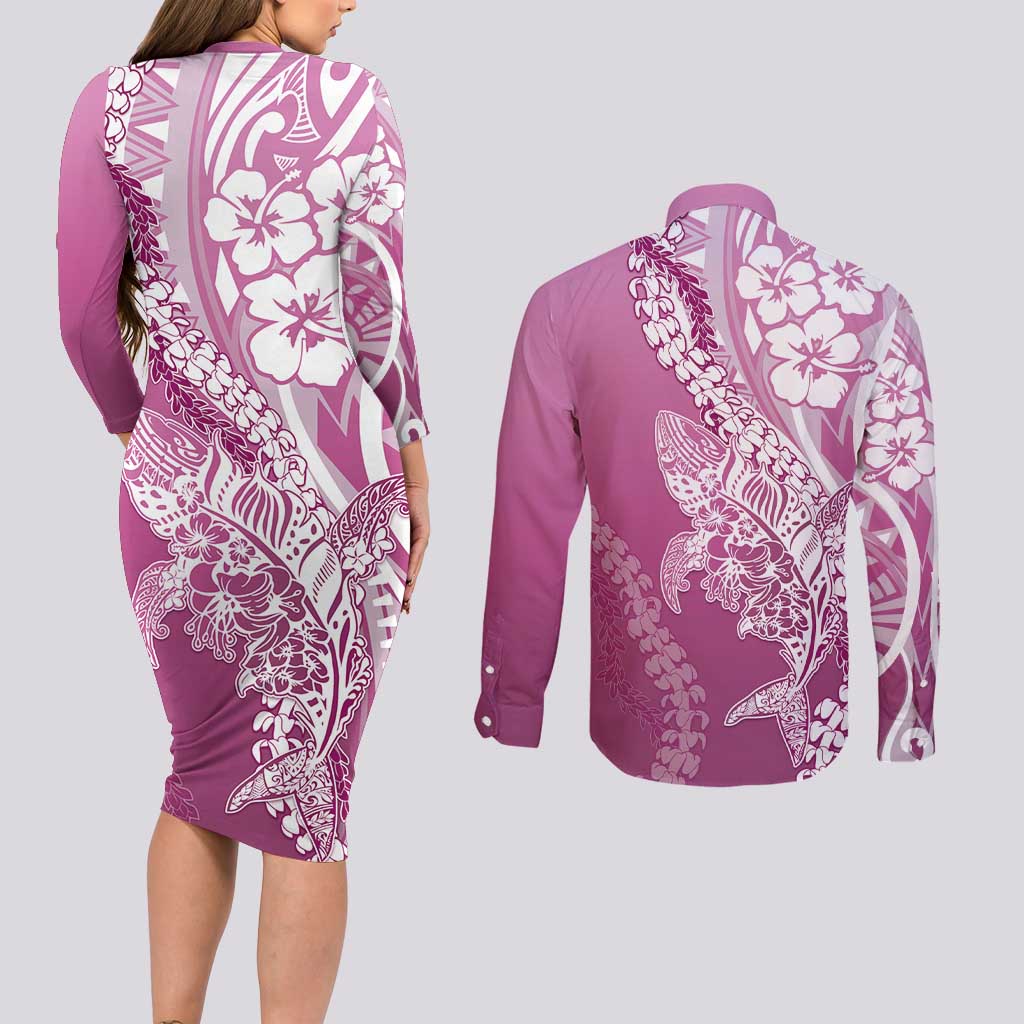 Hawaii Puakenikeni And Maile Lei Couples Matching Long Sleeve Bodycon Dress and Long Sleeve Button Shirt Pink Polynesian Shark Tattoo DT05 - Polynesian Pride