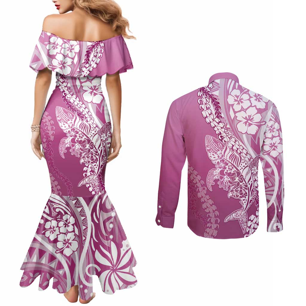Hawaii Puakenikeni And Maile Lei Couples Matching Mermaid Dress and Long Sleeve Button Shirt Pink Polynesian Shark Tattoo DT05 - Polynesian Pride