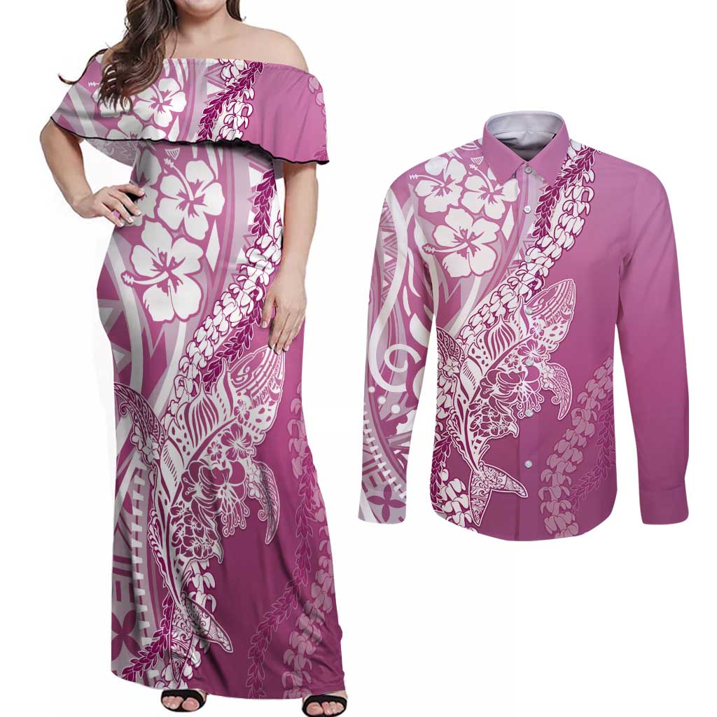 Hawaii Puakenikeni And Maile Lei Couples Matching Off Shoulder Maxi Dress and Long Sleeve Button Shirt Pink Polynesian Shark Tattoo DT05 Pink - Polynesian Pride