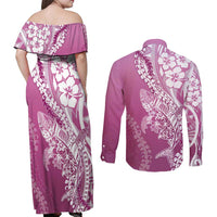 Hawaii Puakenikeni And Maile Lei Couples Matching Off Shoulder Maxi Dress and Long Sleeve Button Shirt Pink Polynesian Shark Tattoo DT05 - Polynesian Pride