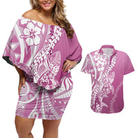 Hawaii Puakenikeni And Maile Lei Couples Matching Off Shoulder Short Dress and Hawaiian Shirt Pink Polynesian Shark Tattoo DT05 Pink - Polynesian Pride