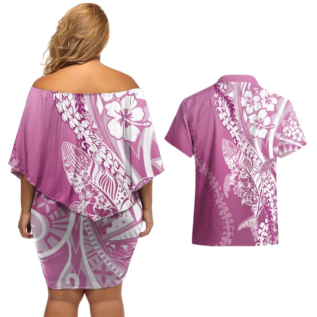 Hawaii Puakenikeni And Maile Lei Couples Matching Off Shoulder Short Dress and Hawaiian Shirt Pink Polynesian Shark Tattoo DT05 - Polynesian Pride