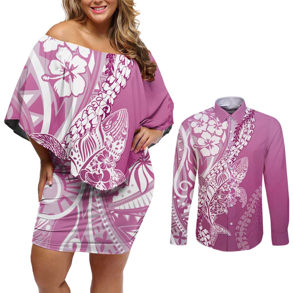 Hawaii Puakenikeni And Maile Lei Couples Matching Off Shoulder Short Dress and Long Sleeve Button Shirt Pink Polynesian Shark Tattoo DT05 Pink - Polynesian Pride