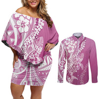 Hawaii Puakenikeni And Maile Lei Couples Matching Off Shoulder Short Dress and Long Sleeve Button Shirt Pink Polynesian Shark Tattoo DT05 Pink - Polynesian Pride