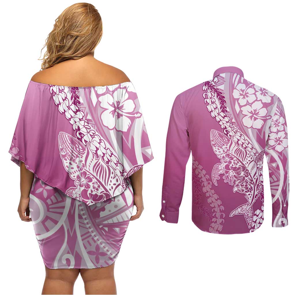 Hawaii Puakenikeni And Maile Lei Couples Matching Off Shoulder Short Dress and Long Sleeve Button Shirt Pink Polynesian Shark Tattoo DT05 - Polynesian Pride