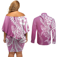 Hawaii Puakenikeni And Maile Lei Couples Matching Off Shoulder Short Dress and Long Sleeve Button Shirt Pink Polynesian Shark Tattoo DT05 - Polynesian Pride