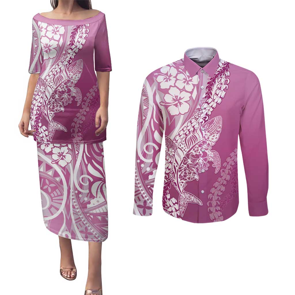 Hawaii Puakenikeni And Maile Lei Couples Matching Puletasi and Long Sleeve Button Shirt Pink Polynesian Shark Tattoo DT05