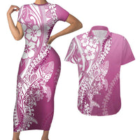 Hawaii Puakenikeni And Maile Lei Couples Matching Short Sleeve Bodycon Dress and Hawaiian Shirt Pink Polynesian Shark Tattoo DT05 Pink - Polynesian Pride