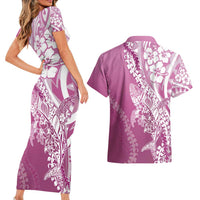 Hawaii Puakenikeni And Maile Lei Couples Matching Short Sleeve Bodycon Dress and Hawaiian Shirt Pink Polynesian Shark Tattoo DT05 - Polynesian Pride