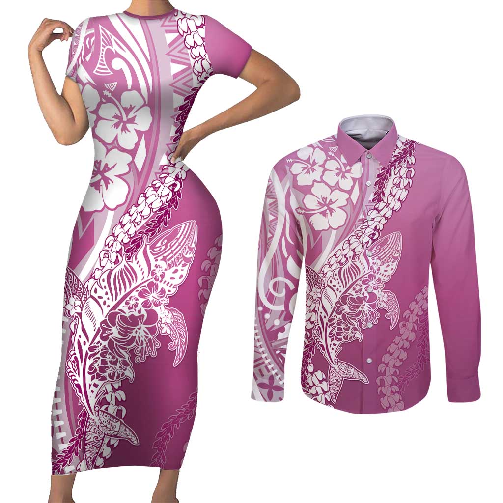 Hawaii Puakenikeni And Maile Lei Couples Matching Short Sleeve Bodycon Dress and Long Sleeve Button Shirt Pink Polynesian Shark Tattoo DT05 Pink - Polynesian Pride