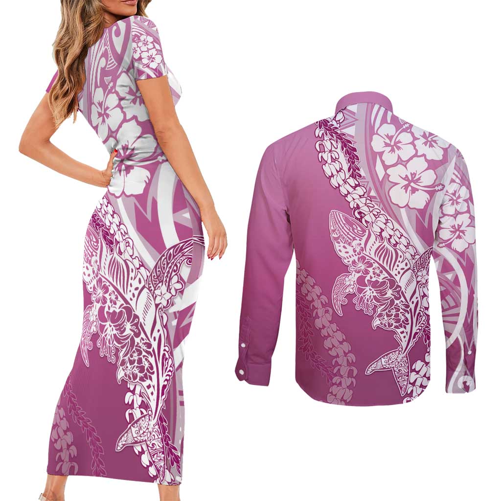 Hawaii Puakenikeni And Maile Lei Couples Matching Short Sleeve Bodycon Dress and Long Sleeve Button Shirt Pink Polynesian Shark Tattoo DT05 - Polynesian Pride