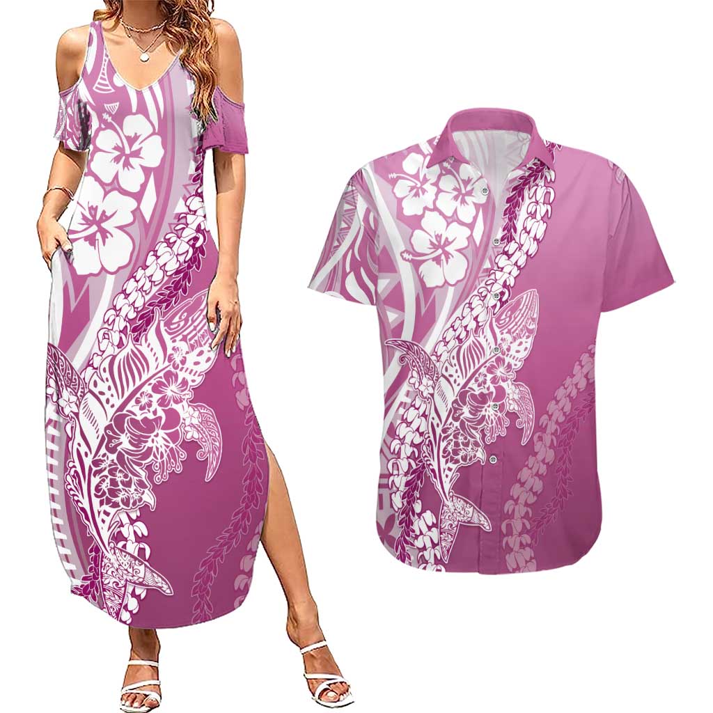 Hawaii Puakenikeni And Maile Lei Couples Matching Summer Maxi Dress and Hawaiian Shirt Pink Polynesian Shark Tattoo DT05 Pink - Polynesian Pride