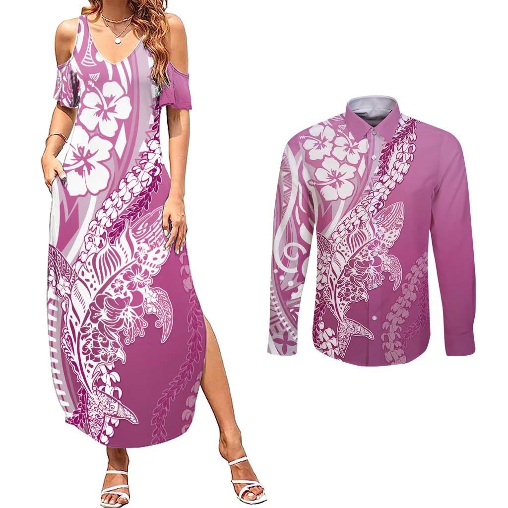 Hawaii Puakenikeni And Maile Lei Couples Matching Summer Maxi Dress and Long Sleeve Button Shirt Pink Polynesian Shark Tattoo DT05 Pink - Polynesian Pride