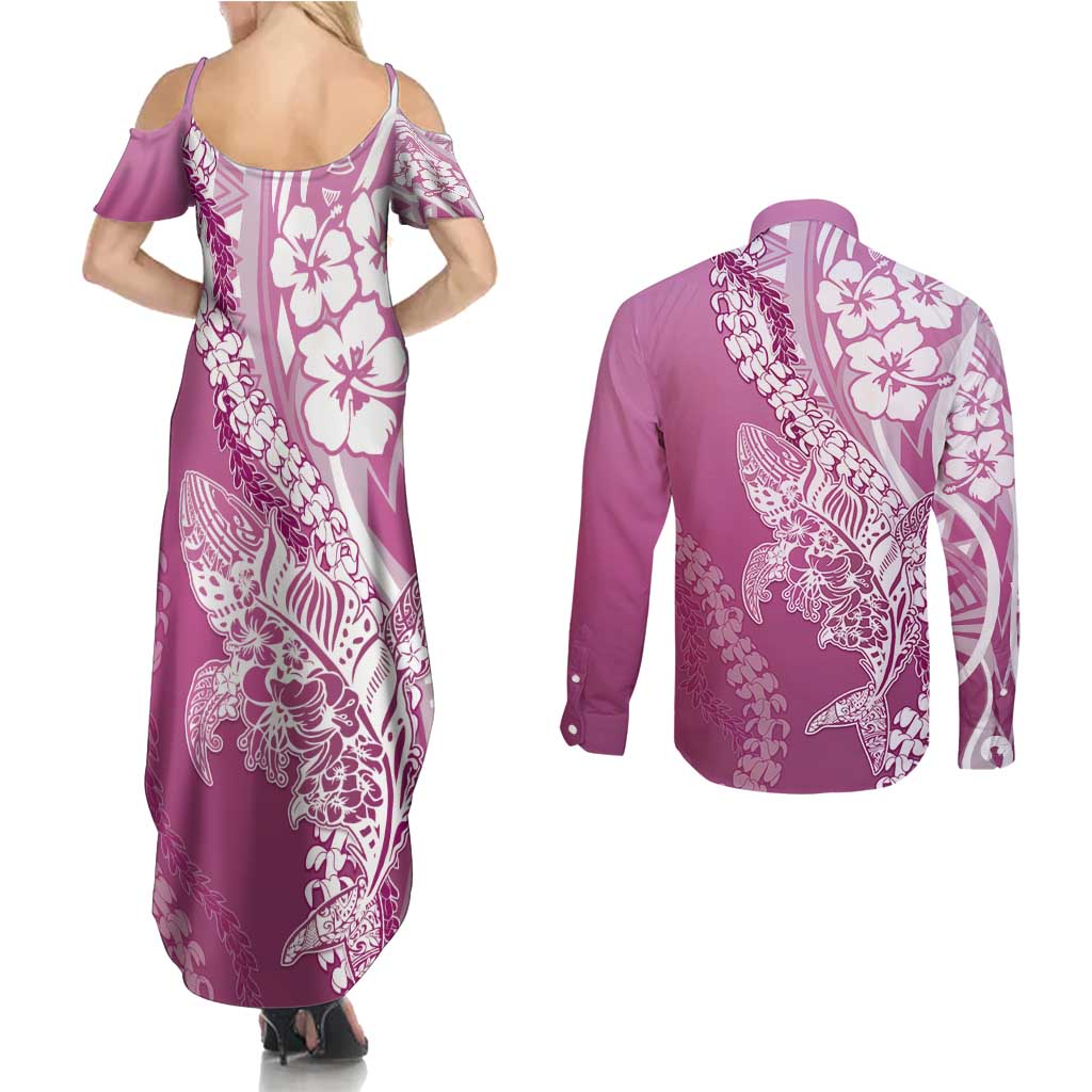Hawaii Puakenikeni And Maile Lei Couples Matching Summer Maxi Dress and Long Sleeve Button Shirt Pink Polynesian Shark Tattoo DT05 - Polynesian Pride