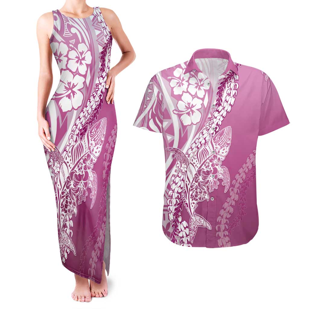 Hawaii Puakenikeni And Maile Lei Couples Matching Tank Maxi Dress and Hawaiian Shirt Pink Polynesian Shark Tattoo DT05 Pink - Polynesian Pride