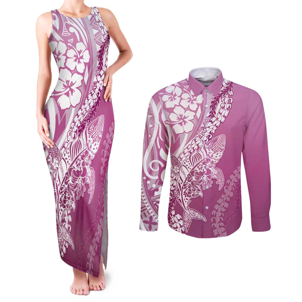 Hawaii Puakenikeni And Maile Lei Couples Matching Tank Maxi Dress and Long Sleeve Button Shirt Pink Polynesian Shark Tattoo DT05 Pink - Polynesian Pride