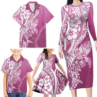 Hawaii Puakenikeni And Maile Lei Family Matching Long Sleeve Bodycon Dress and Hawaiian Shirt Pink Polynesian Shark Tattoo DT05 - Polynesian Pride