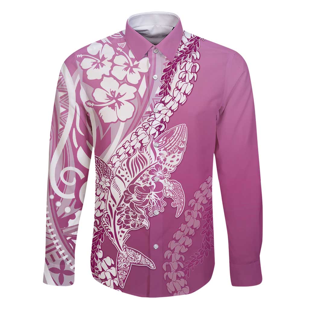 Hawaii Puakenikeni And Maile Lei Family Matching Long Sleeve Bodycon Dress and Hawaiian Shirt Pink Polynesian Shark Tattoo DT05 Dad's Shirt - Long Sleeve Pink - Polynesian Pride