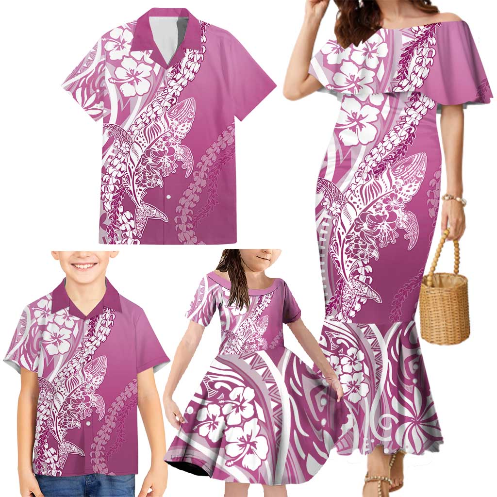 Hawaii Puakenikeni And Maile Lei Family Matching Mermaid Dress and Hawaiian Shirt Pink Polynesian Shark Tattoo DT05 - Polynesian Pride