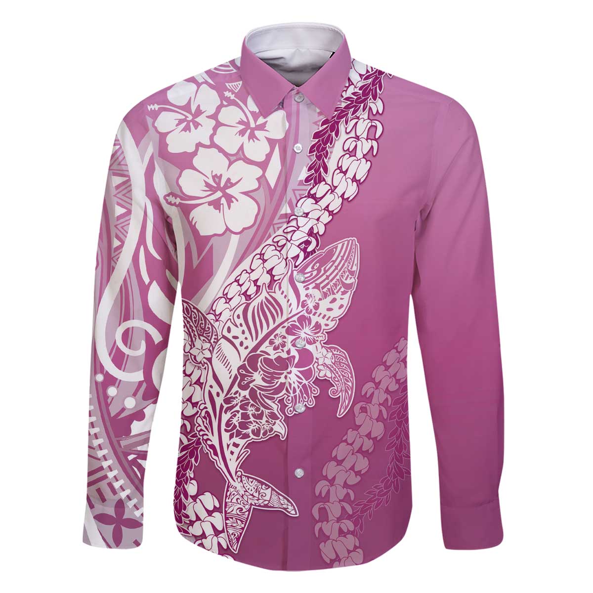 Hawaii Puakenikeni And Maile Lei Family Matching Off The Shoulder Long Sleeve Dress and Hawaiian Shirt Pink Polynesian Shark Tattoo DT05