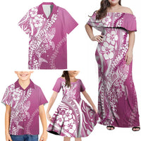 Hawaii Puakenikeni And Maile Lei Family Matching Off Shoulder Maxi Dress and Hawaiian Shirt Pink Polynesian Shark Tattoo DT05 - Polynesian Pride