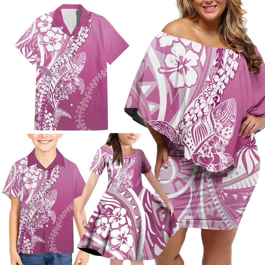Hawaii Puakenikeni And Maile Lei Family Matching Off Shoulder Short Dress and Hawaiian Shirt Pink Polynesian Shark Tattoo DT05 - Polynesian Pride