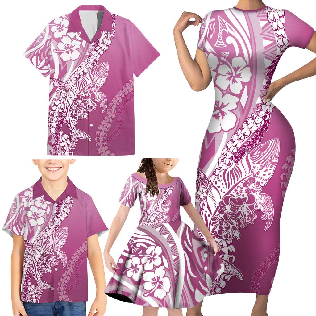 Hawaii Puakenikeni And Maile Lei Family Matching Short Sleeve Bodycon Dress and Hawaiian Shirt Pink Polynesian Shark Tattoo DT05 - Polynesian Pride