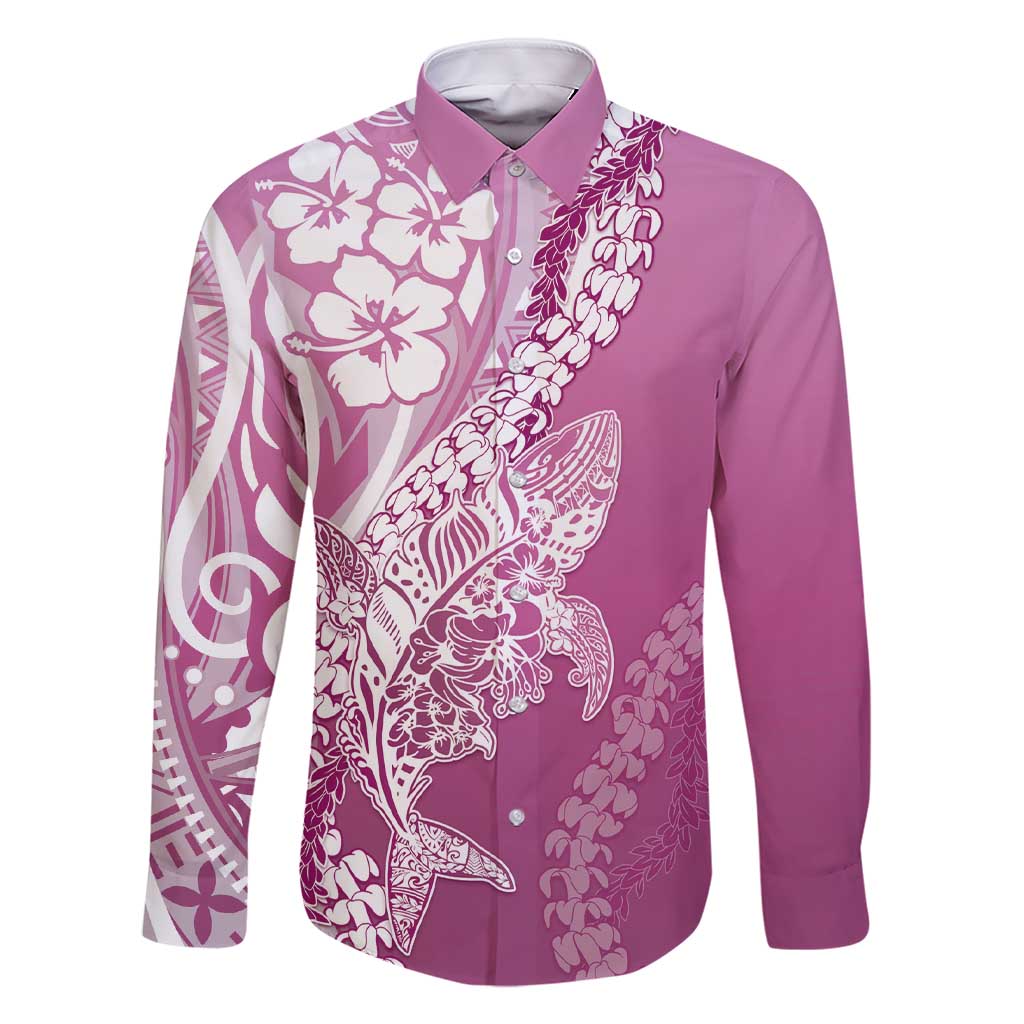 Hawaii Puakenikeni And Maile Lei Family Matching Short Sleeve Bodycon Dress and Hawaiian Shirt Pink Polynesian Shark Tattoo DT05 Dad's Shirt - Long Sleeve Pink - Polynesian Pride