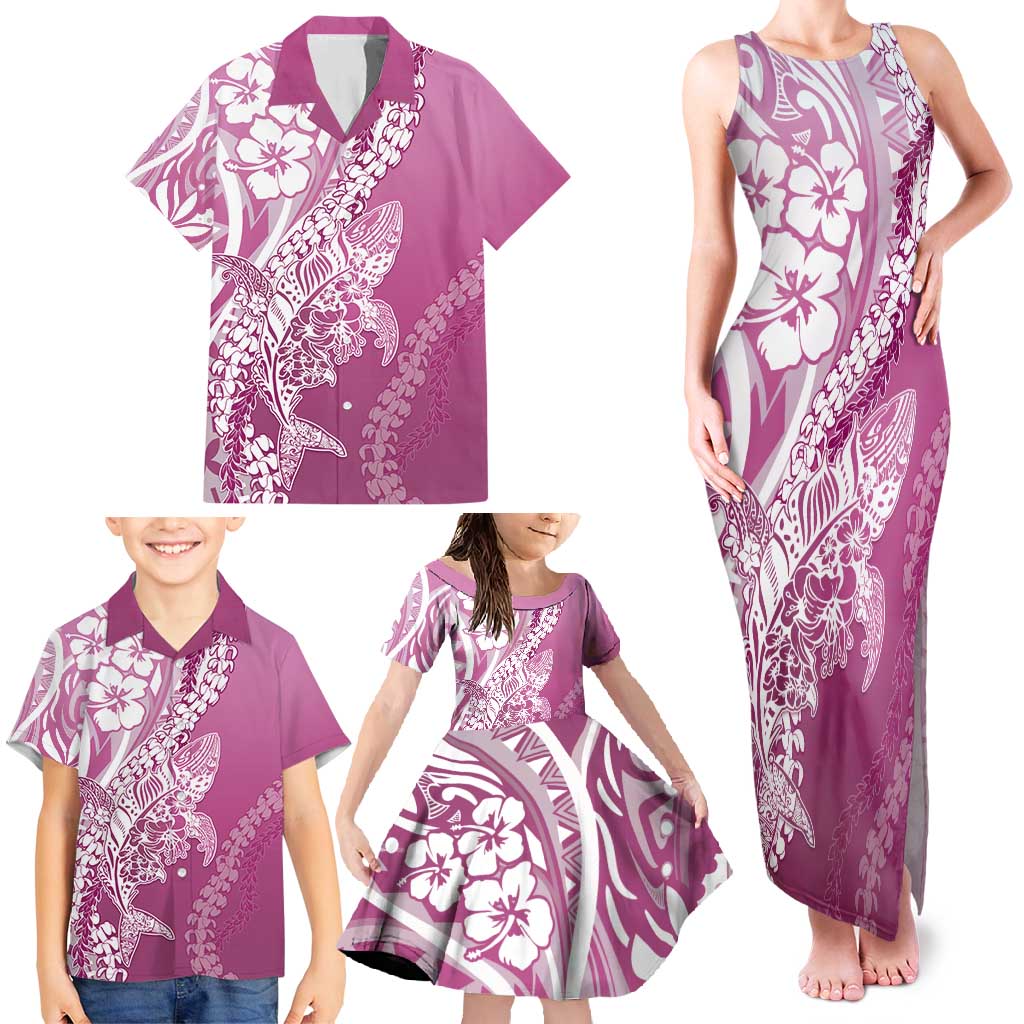 Hawaii Puakenikeni And Maile Lei Family Matching Tank Maxi Dress and Hawaiian Shirt Pink Polynesian Shark Tattoo DT05