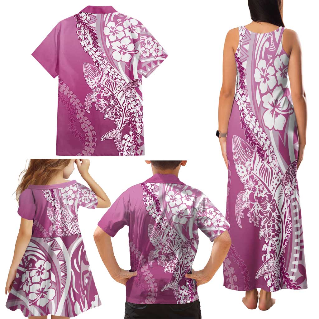 Hawaii Puakenikeni And Maile Lei Family Matching Tank Maxi Dress and Hawaiian Shirt Pink Polynesian Shark Tattoo DT05
