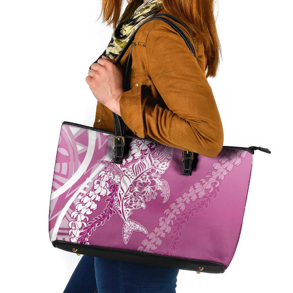 Hawaii Puakenikeni And Maile Lei Leather Tote Bag Pink Polynesian Shark Tattoo DT05