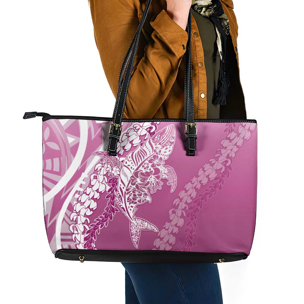 Hawaii Puakenikeni And Maile Lei Leather Tote Bag Pink Polynesian Shark Tattoo DT05 - Polynesian Pride