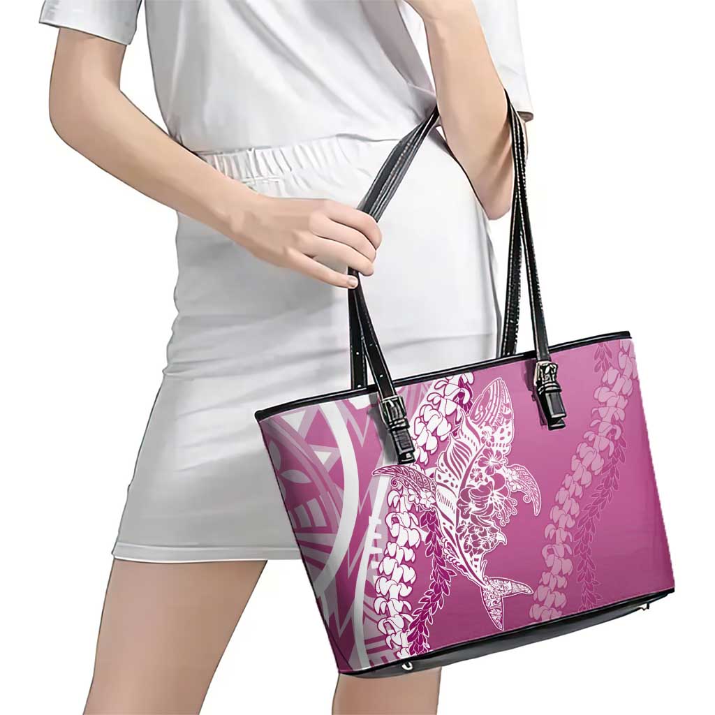 Hawaii Puakenikeni And Maile Lei Leather Tote Bag Pink Polynesian Shark Tattoo DT05 - Polynesian Pride