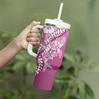 Hawaii Puakenikeni And Maile Lei Tumbler With Handle Pink Polynesian Shark Tattoo DT05