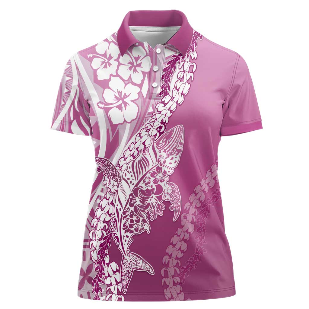 Hawaii Puakenikeni And Maile Lei Women Polo Shirt Pink Polynesian Shark Tattoo DT05
