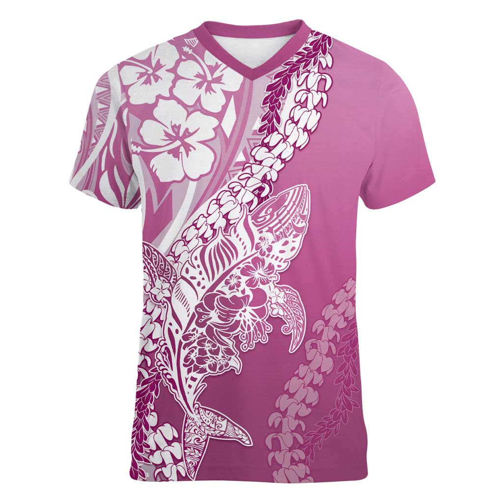 Hawaii Puakenikeni And Maile Lei Women V-Neck T-Shirt Pink Polynesian Shark Tattoo DT05