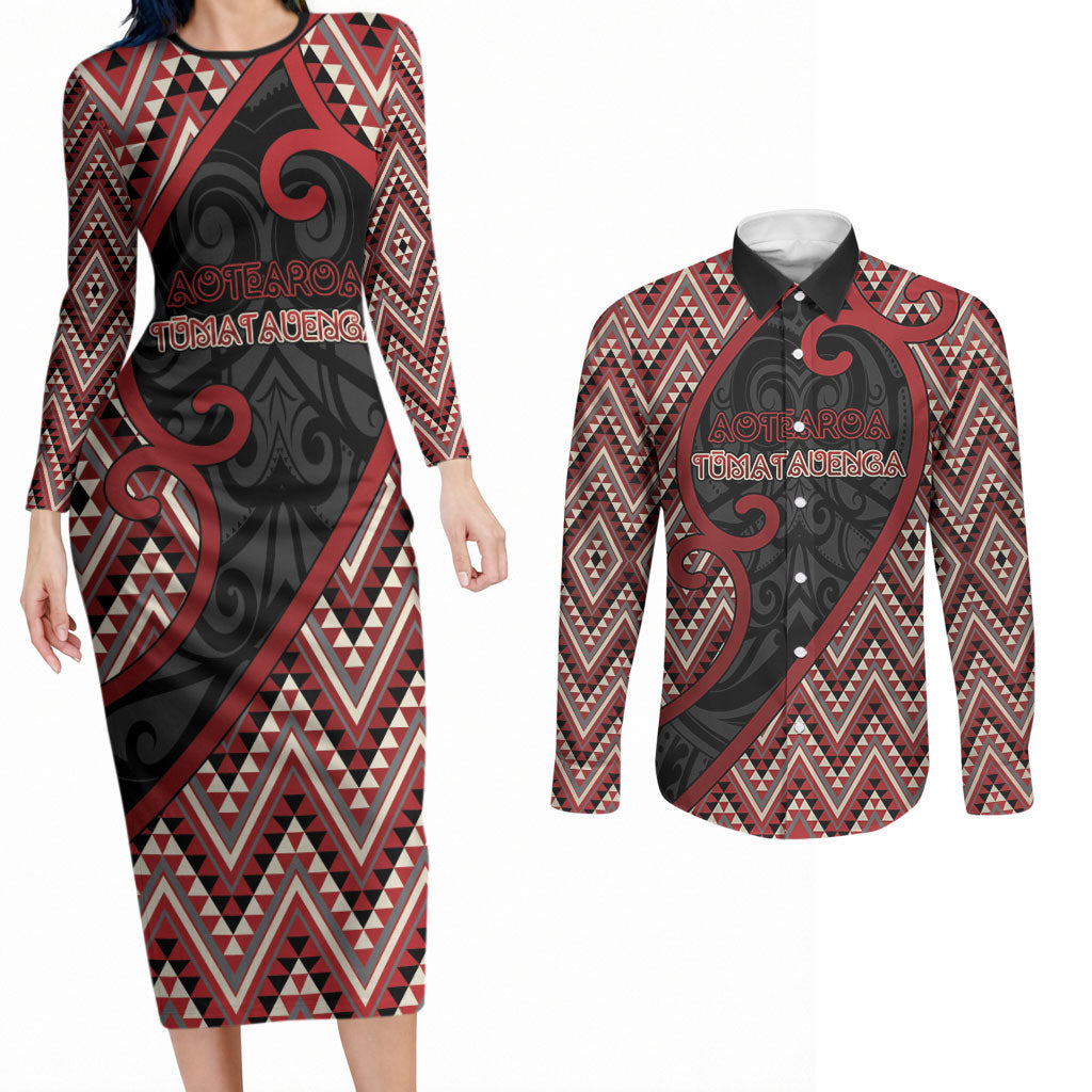 Custom Aotearoa Atua Tumatauenga Couples Matching Long Sleeve Bodycon Dress and Long Sleeve Button Shirt God Of War Koru Patterns
