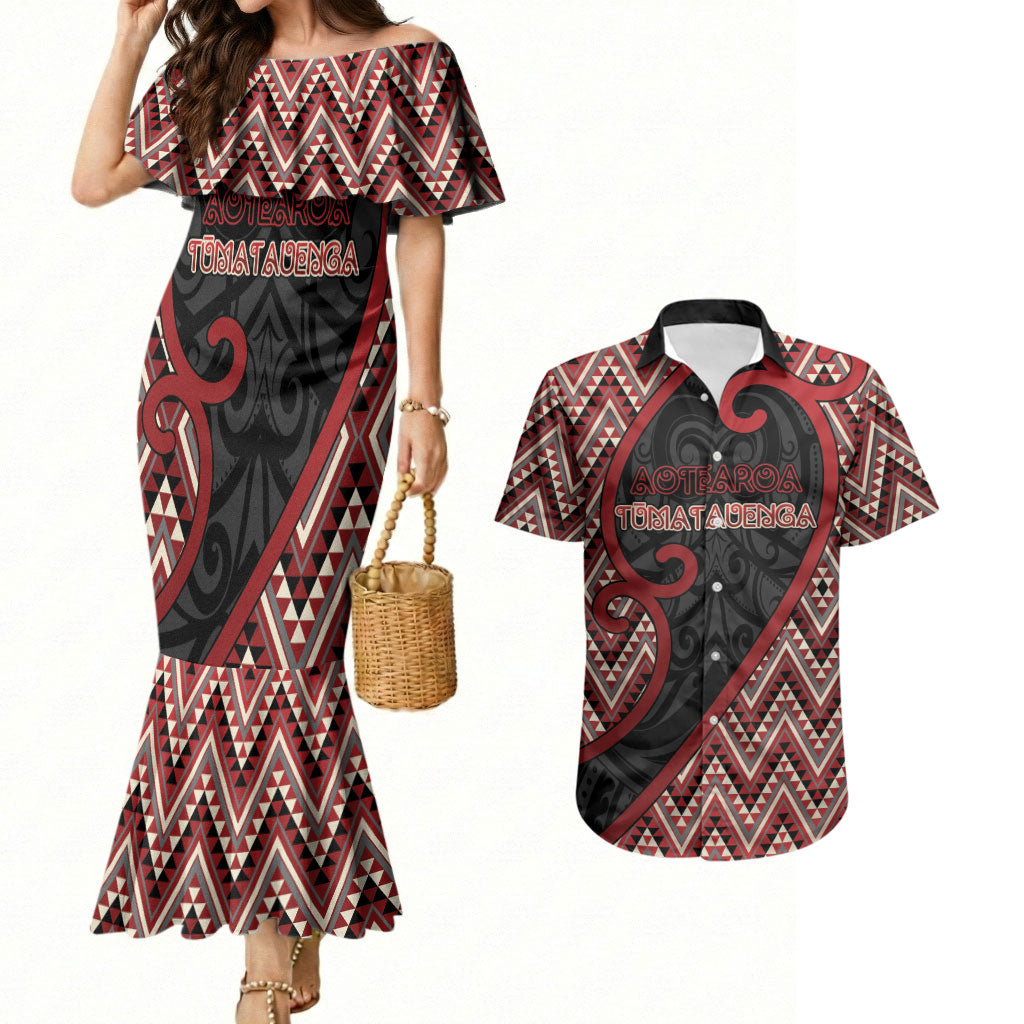 Custom Aotearoa Atua Tumatauenga Couples Matching Mermaid Dress and Hawaiian Shirt God Of War Koru Patterns