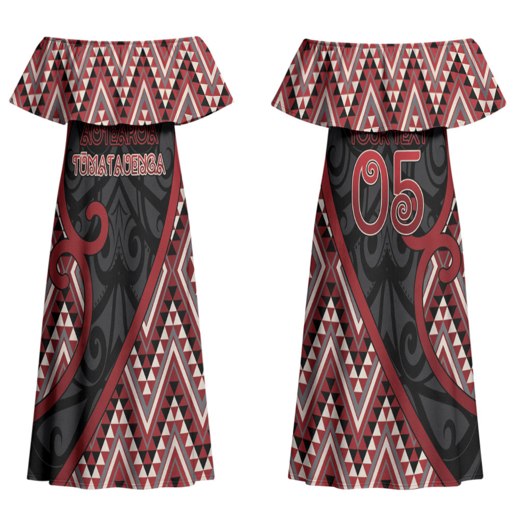 Custom Aotearoa Atua Tumatauenga Couples Matching Off Shoulder Maxi Dress and Long Sleeve Button Shirt God Of War Koru Patterns