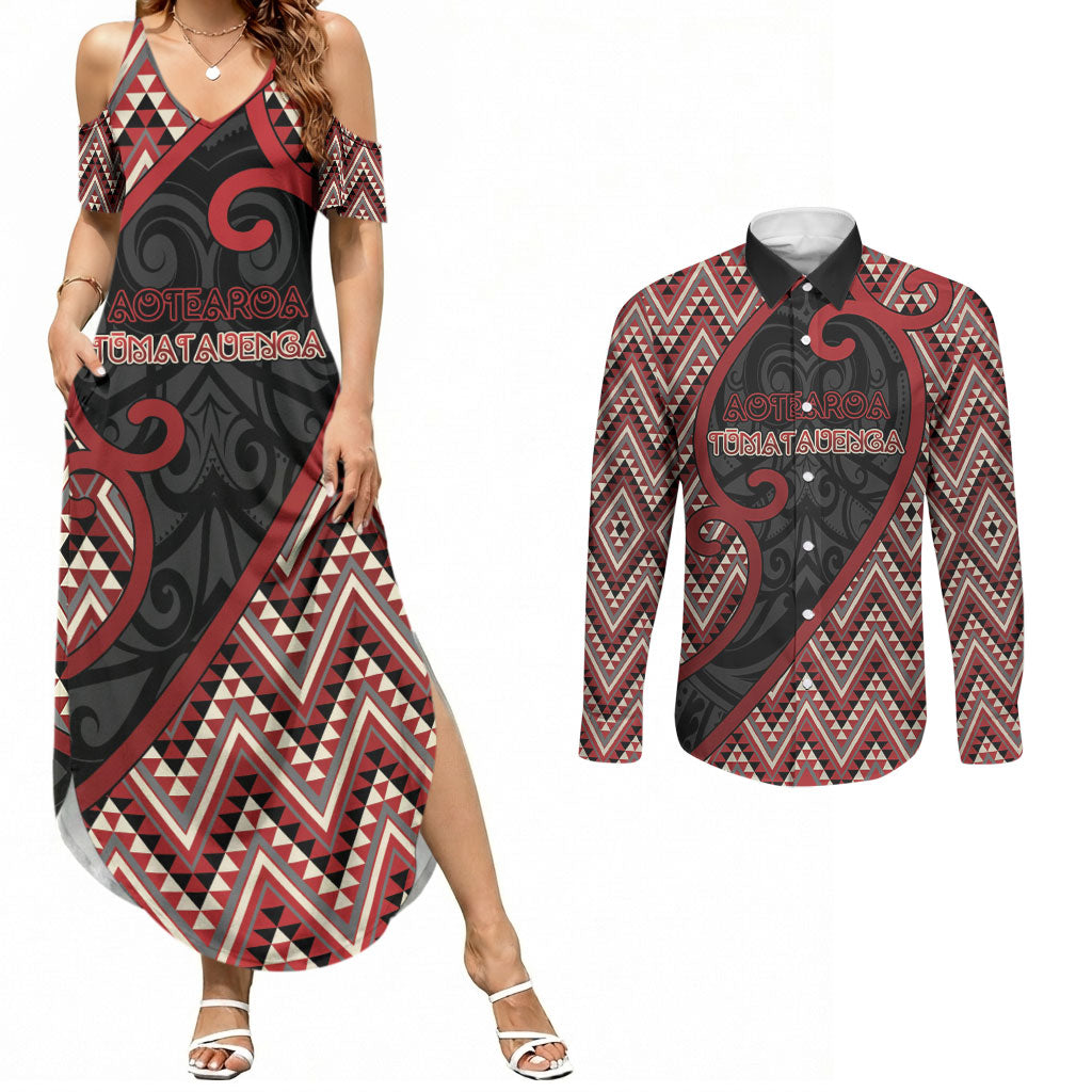 Custom Aotearoa Atua Tumatauenga Couples Matching Summer Maxi Dress and Long Sleeve Button Shirt God Of War Koru Patterns