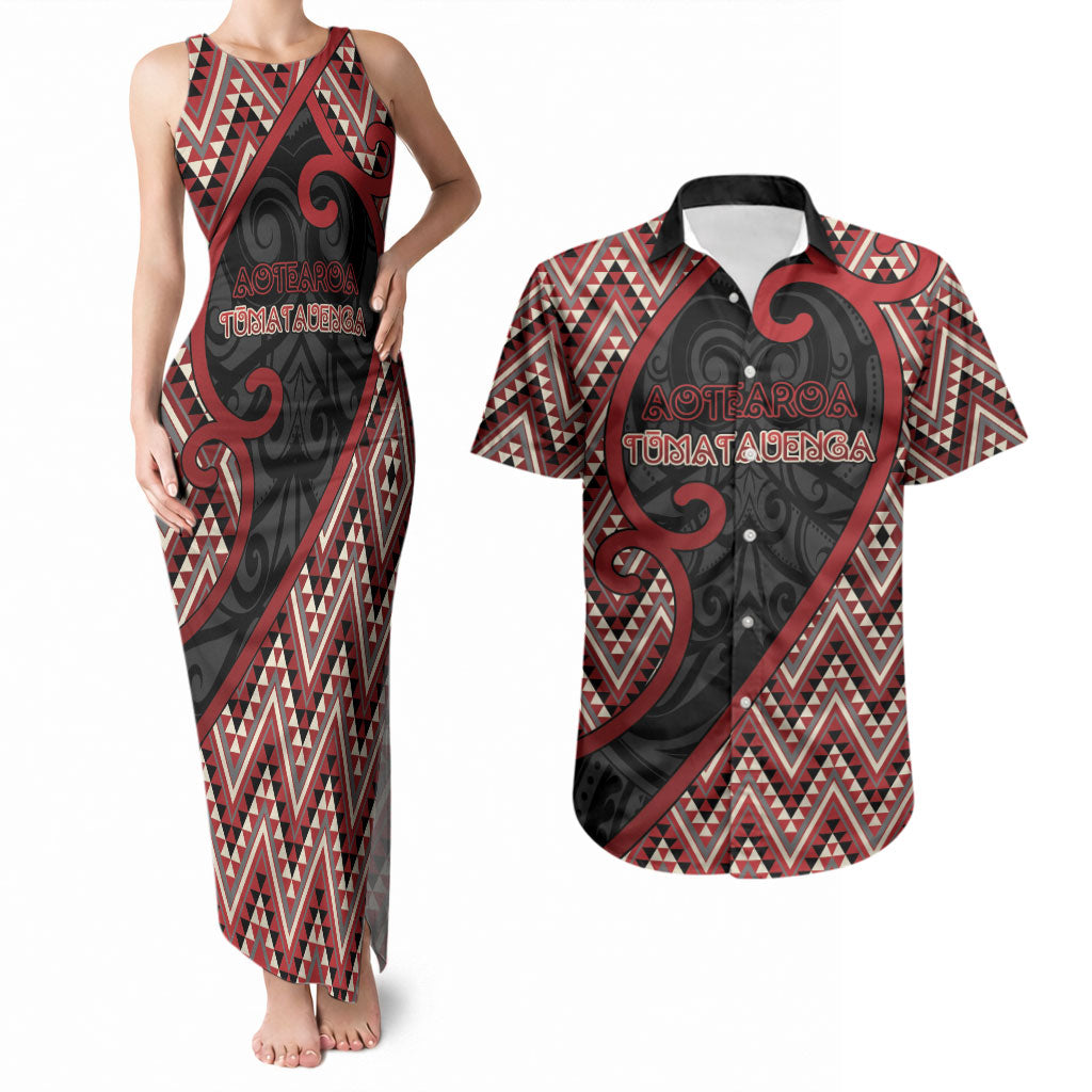 Custom Aotearoa Atua Tumatauenga Couples Matching Tank Maxi Dress and Hawaiian Shirt God Of War Koru Patterns