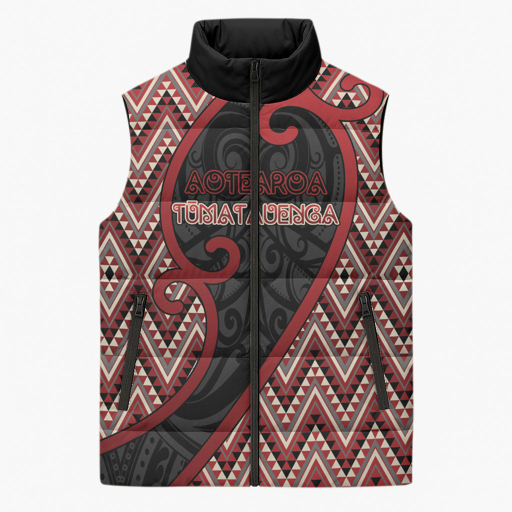 Custom Aotearoa Atua Tumatauenga Sleeveless Puffer Jacket God Of War Koru Patterns