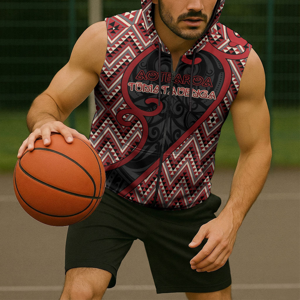 Custom Aotearoa Atua Tumatauenga Sleeveless Zip Hoodie God Of War Koru Patterns