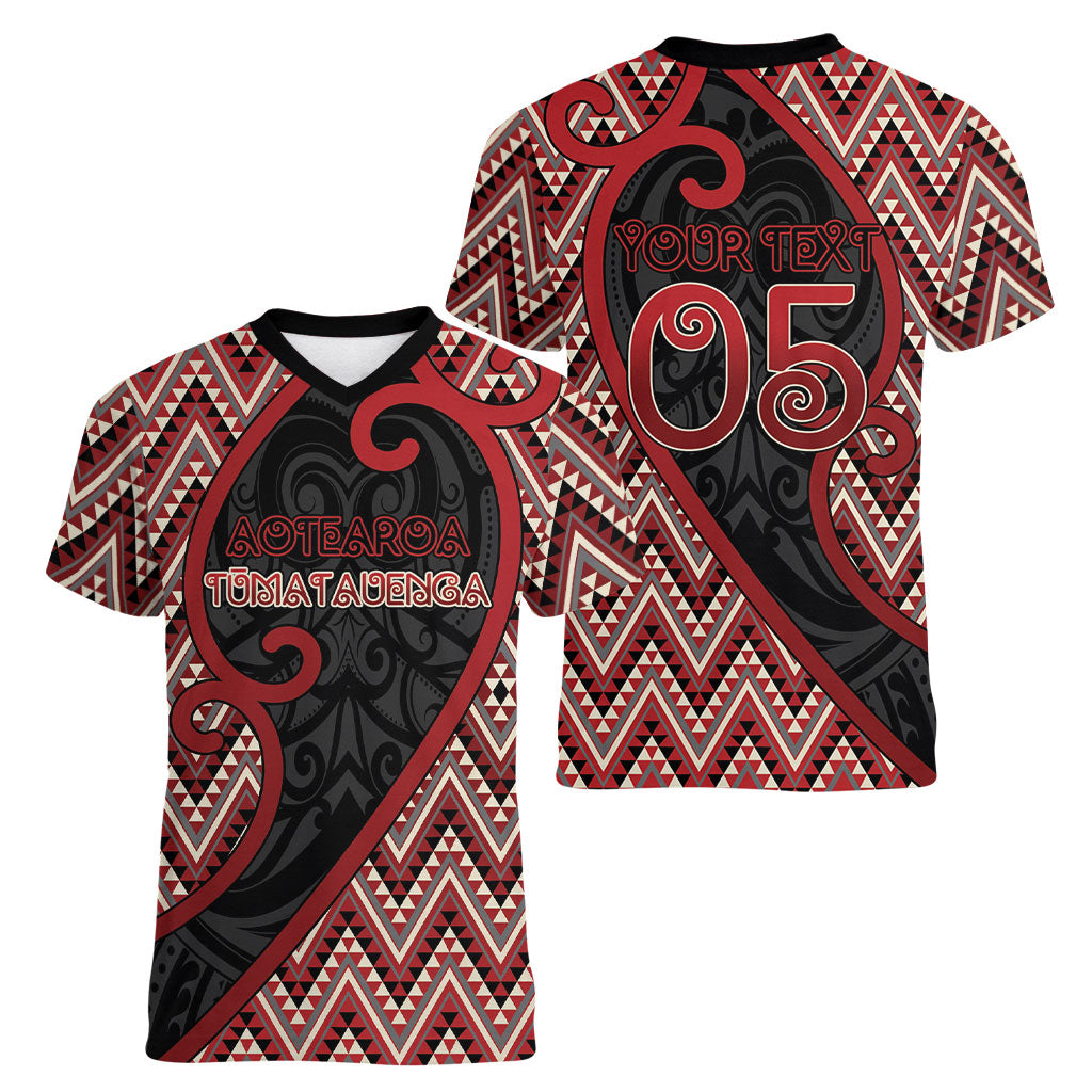 Custom Aotearoa Atua Tumatauenga Women V-Neck T-Shirt God Of War Koru Patterns