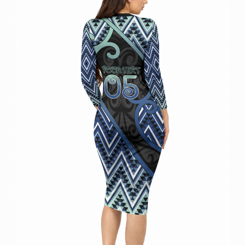 Custom Aotearoa Atua Tangaroa Long Sleeve Bodycon Dress God Of Ocean Koru Patterns